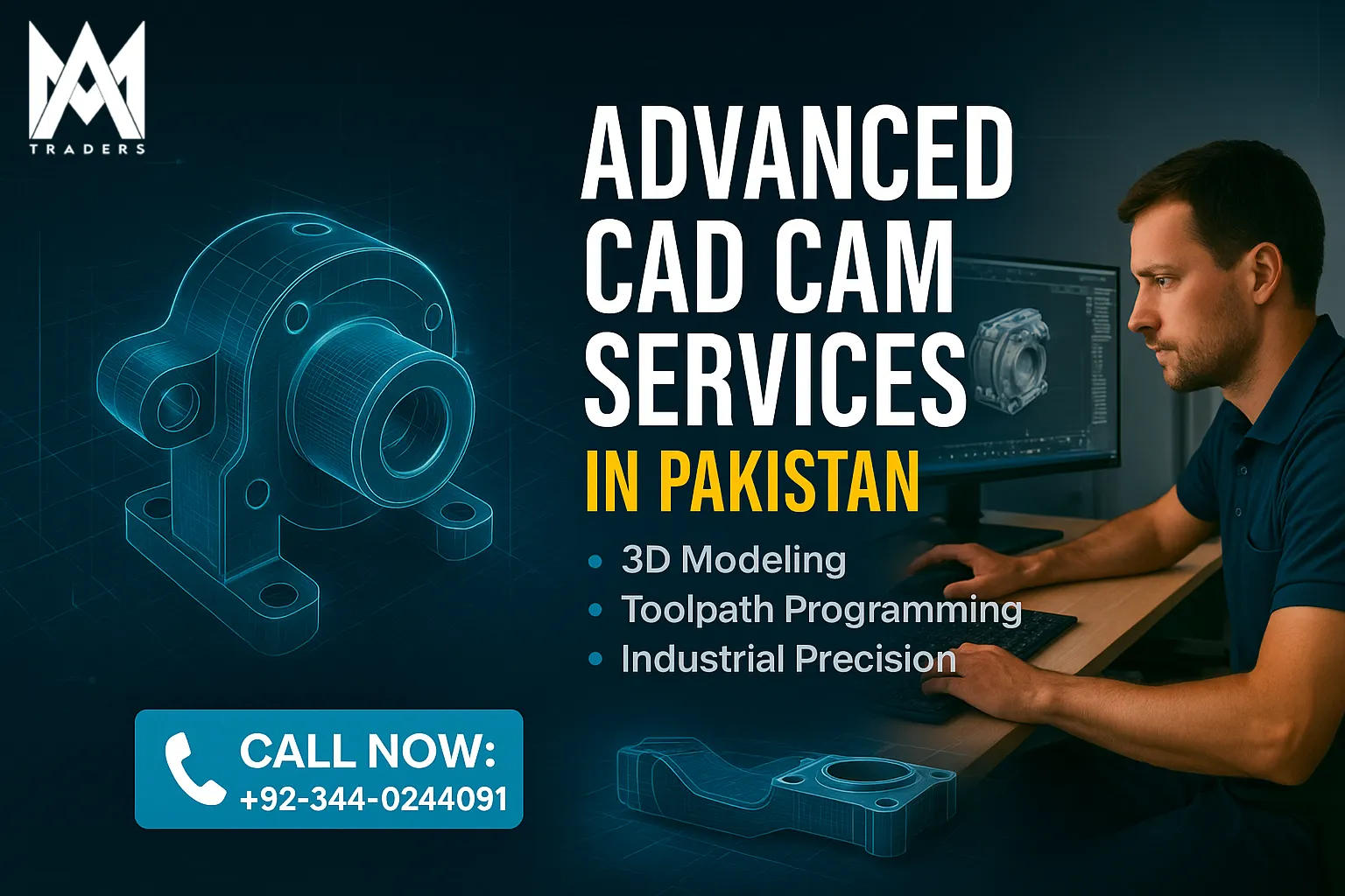 Advanced CAD CAM services in Pakistan by MA Traderss – 3D modeling, toolpath programming, and industrial precision, with a man designing a mechanical part on a computer screen and contact number provided.